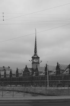 Monochrome view of Børsen, a historic Renaissance building in Copenhagen, Denmark.
