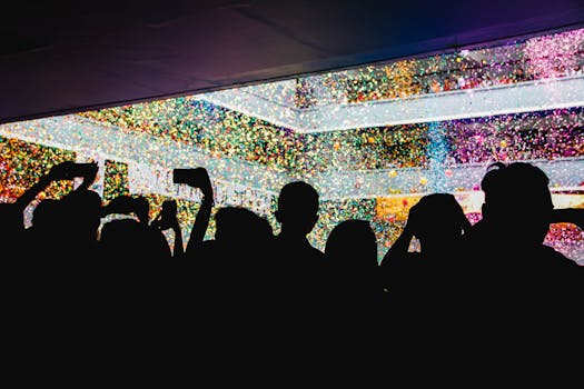 在五彩纸屑飞舞的背景下，剪影般的人群正享受着庆祝活动