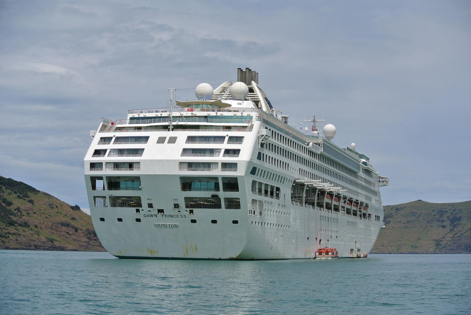 A majestic cruise ship docked in a serene harbour with beautiful natural surroundings.