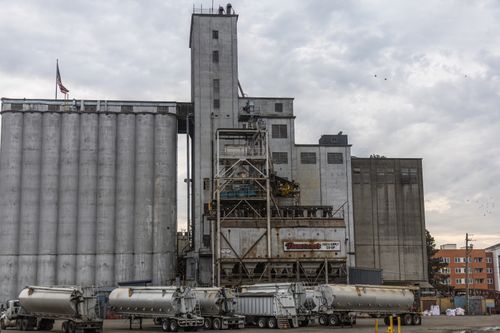 Free An industrial facility with large storage silos and parked tanker trucks under a cloudy sky. Stock Photo