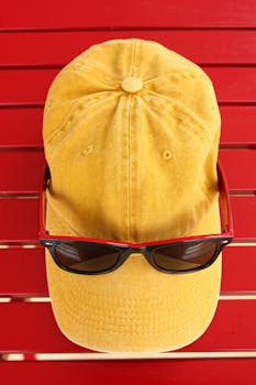 Yellow baseball cap with sunglasses laid on a vibrant red background, creating a bold fashion statement.
