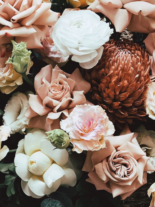 Free A detailed close-up of various elegant flowers including roses and ranunculus. Stock Photo