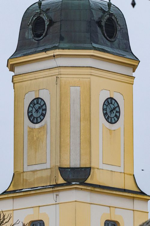 Free Close-up view of the historic clock tower in Białystok showcasing its architectural details. Stock Photo