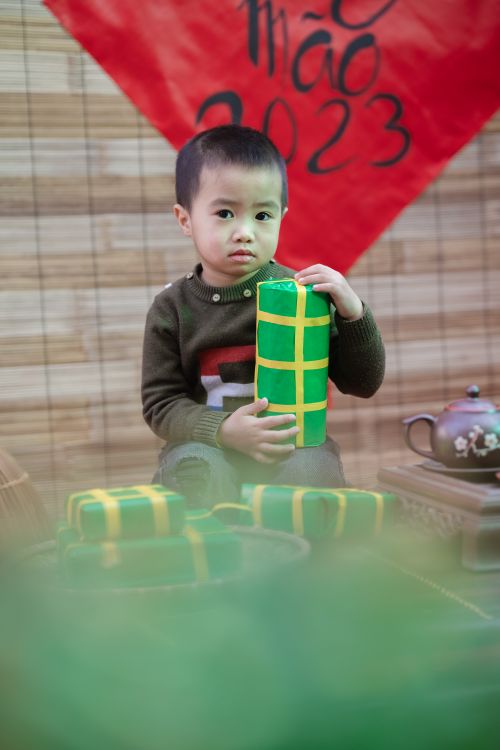 Free Asian boy holding traditional gift during Vietnamese New Year celebrations 2023. Stock Photo