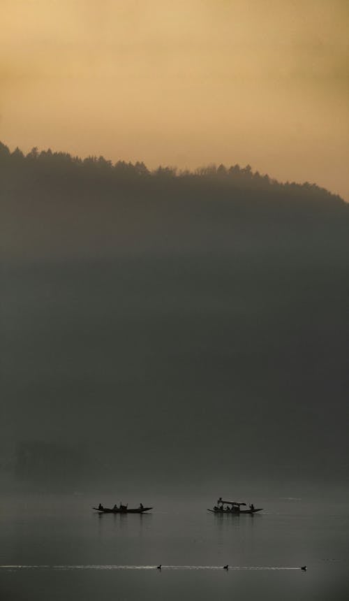 Canoes in Foggy Morning