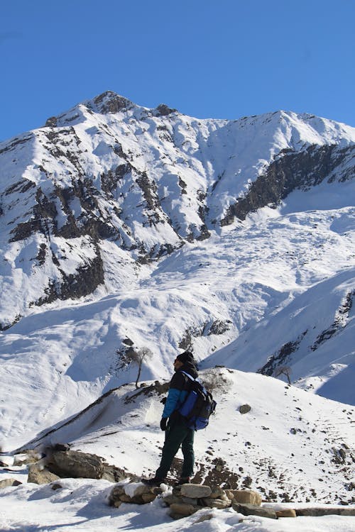 Man Trekking in Winter Mountains
