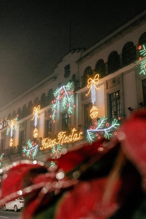 A Concrete Building with Christmas Lights Decorations