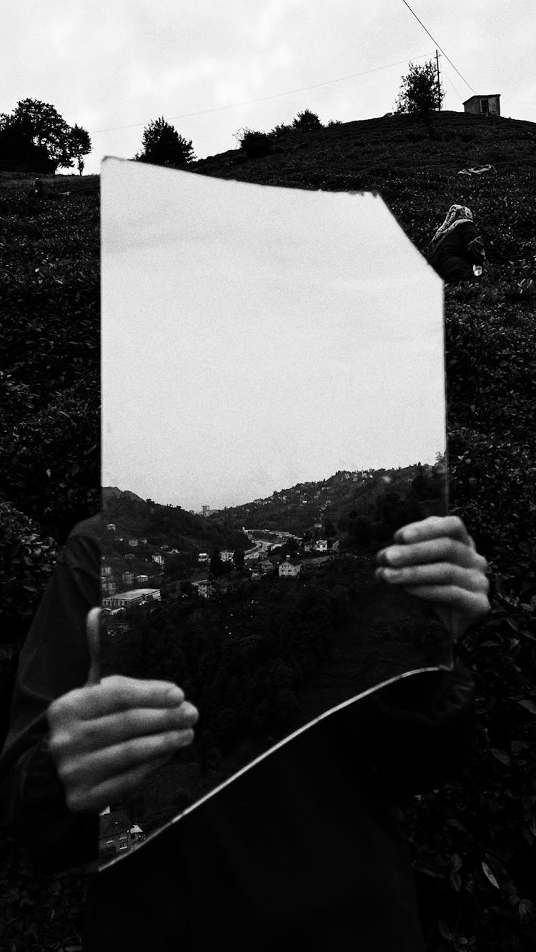 Black And White Photo Of Landscape Reflecting In Mirror