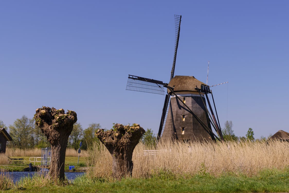 Photo of a Traditional Dutch Windmill Under Clear Blue Sky