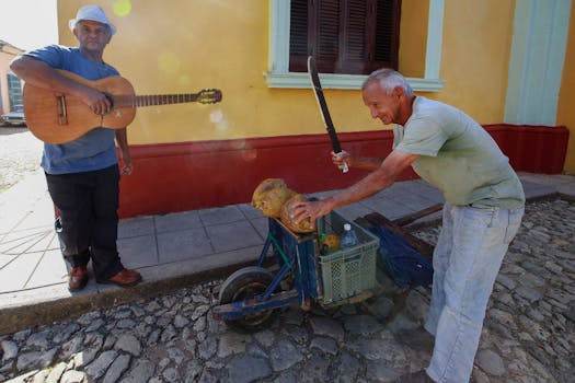 Street scene with musicians and vendors in a vibrant urban setting.