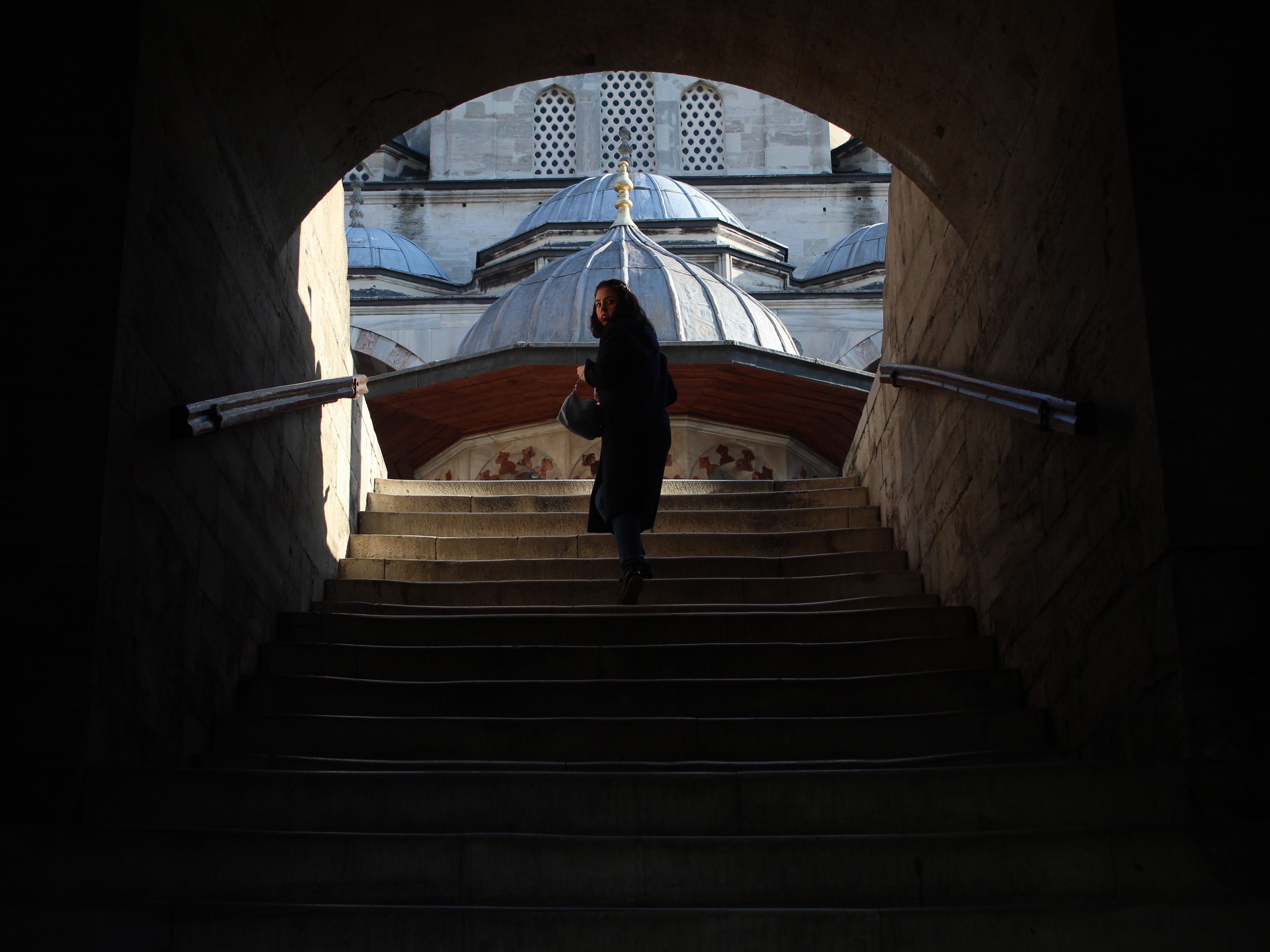 Silhouette of a woman walking upstairs towards an architectural building.