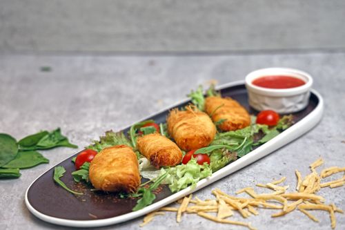 Free Crispy rolls served on a stylish plate with fresh greens and a tomato dip. Stock Photo