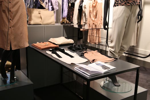 现代精品店展示时尚的室内服装，人体模型则陈列着服装和配饰