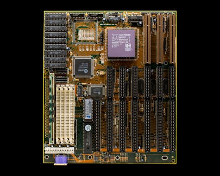 Detailed image of a vintage computer motherboard with visible CPU and circuits.