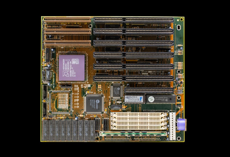 High-resolution photo of a vintage computer motherboard showcasing intricate electronic components and circuitry.