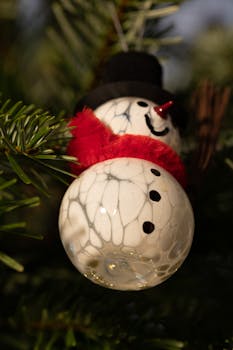 Charming snowman ornament nestled in green Christmas tree branches.