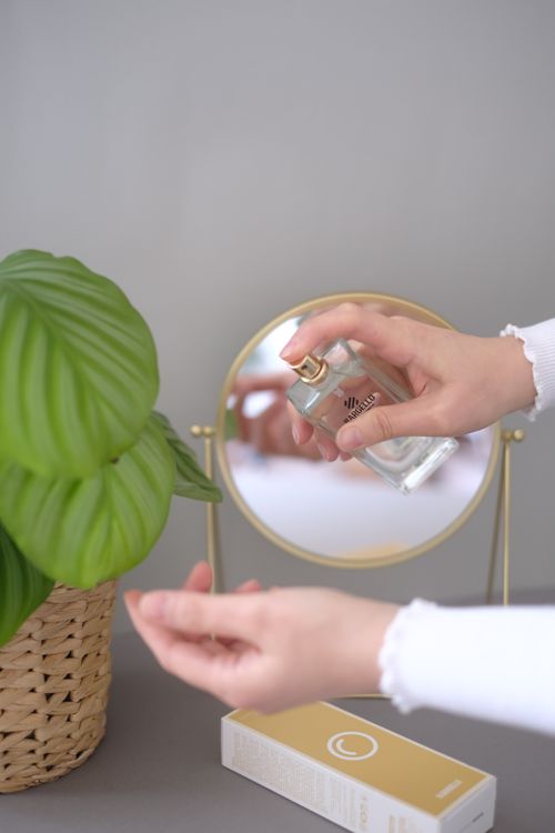 Free Close-up of hands applying perfume in front of a mirror with a plant nearby. Stock Photo