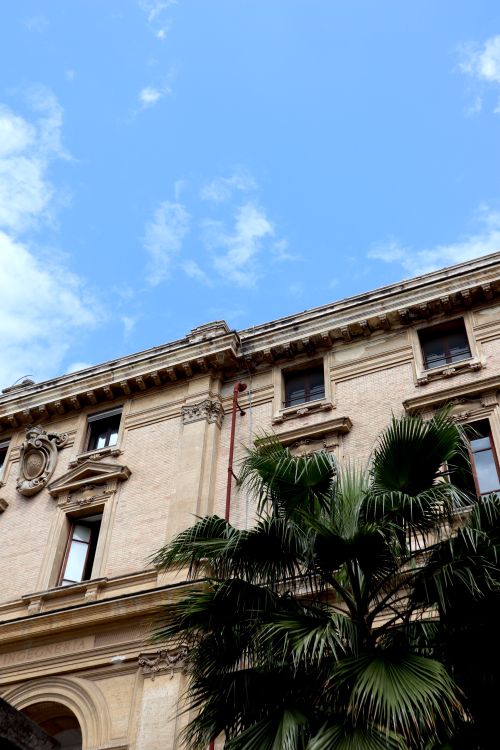 Free Low angle view of a historic building's facade against a clear blue sky with palm trees. Stock Photo
