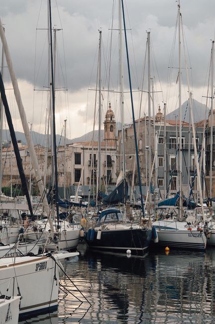 Peaceful harbor scene with multiple sailboats docked in a marina under cloudy skies.
