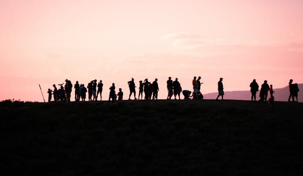 Silhouetted group of people walking at sunset, creating a backlit scene.