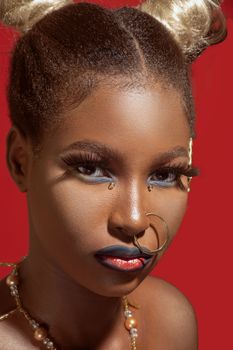 Close-up of a fashionable woman with bold makeup and nose piercing.