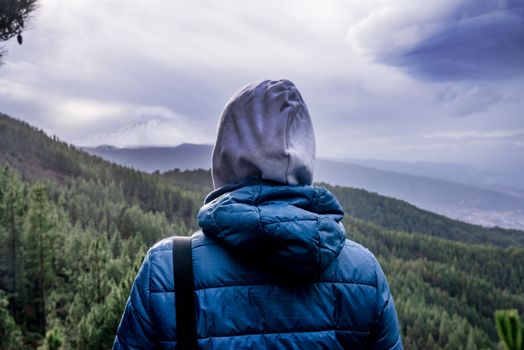 A person in a blue jacket enjoys a stunning view of a forest and mountains, encapsulating adventure and exploration.