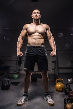Muscular man posing shirtless in gym with kettlebells, showing strength and fitness.