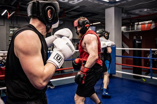 Boxers sparring in a gym ring wearing safety gear for training.
