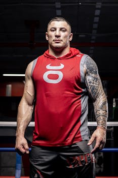 A muscular man in a gym, showcasing tattoos and fitness apparel, exuding strength and confidence.