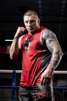 Portrait of a muscular fighter posing confidently in a gym arena, showcasing strength and determination.