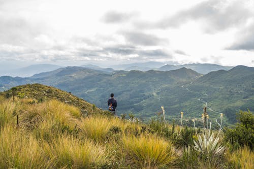 Man Hiking on Green Hills