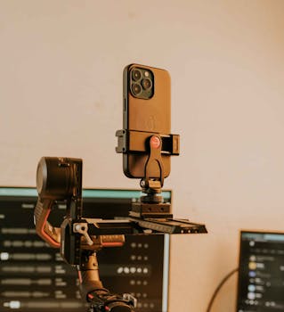 Close-up of a mobile phone mounted on a stabilizer for video recording indoors.