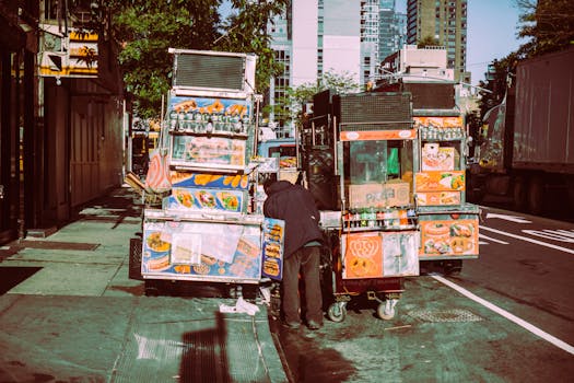 Colorful street food carts on a sunny New York City street offer a diverse culinary experience.