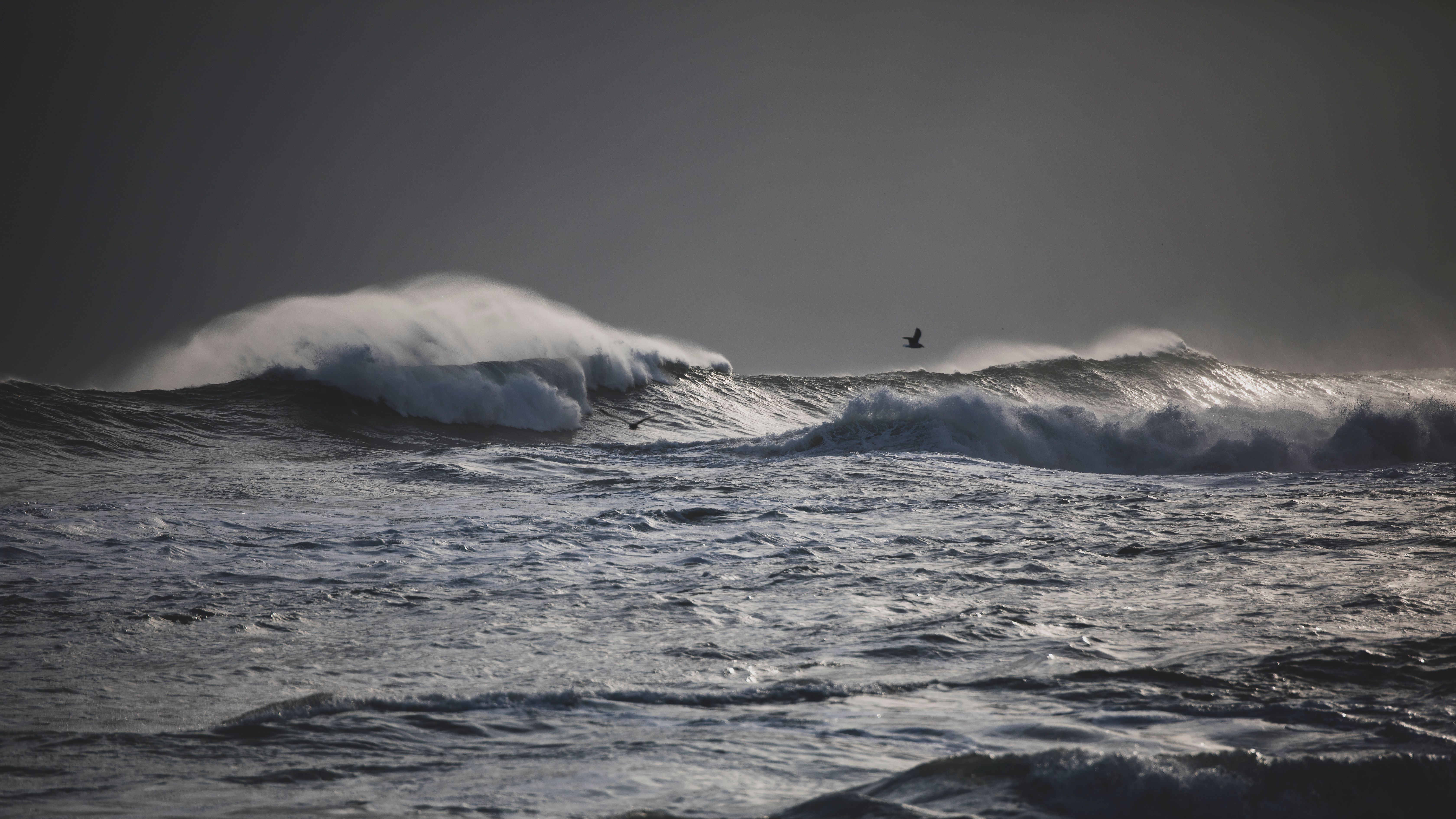 Powerful ocean waves crash on Sokcho coast under moody skies, showcasing nature's force.