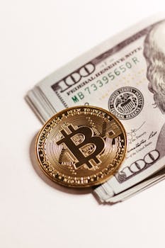 Close-up of a Bitcoin coin on top of hundred dollar bills representing digital and paper currency.