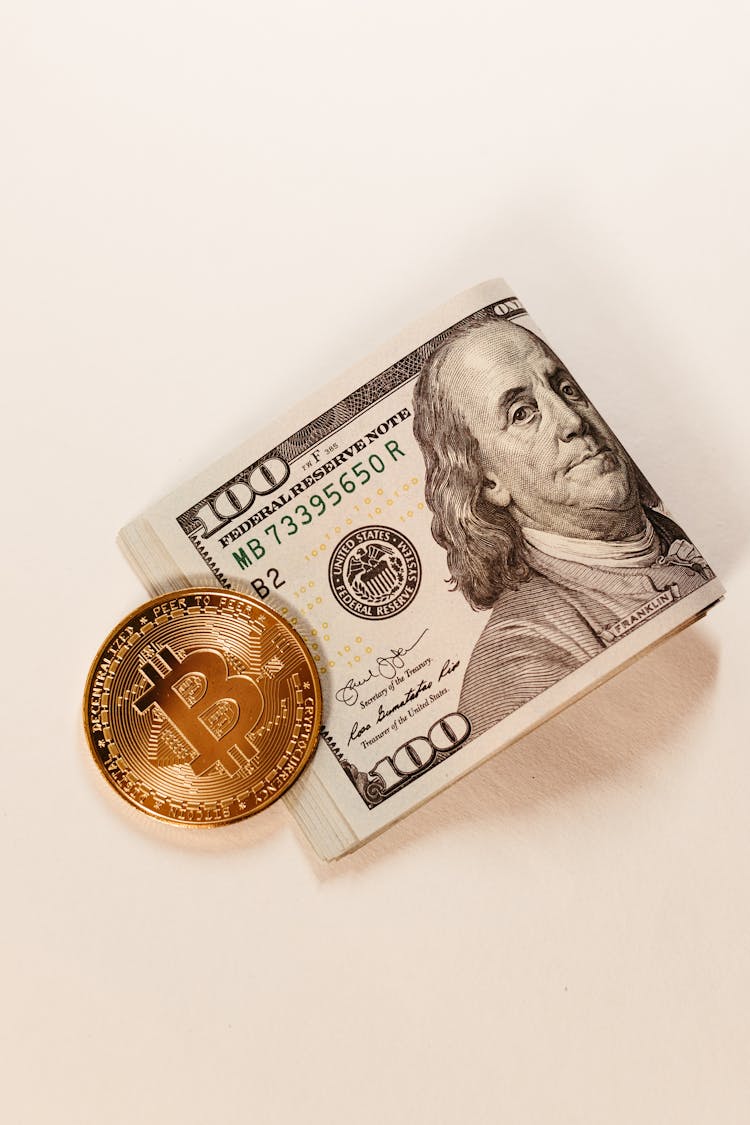 Gold Bitcoin Coin And Cash 