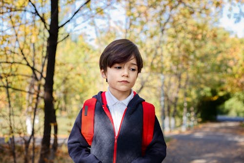 Pensive little boy in school uniform with red backpack looking down while standing in autumn park after studies