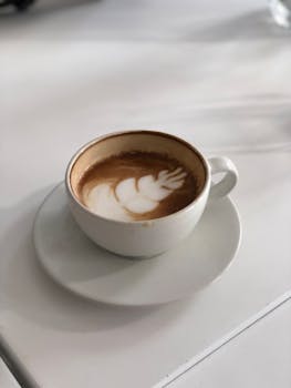 A beautifully crafted latte with leaf art in a white cup on a saucer.
