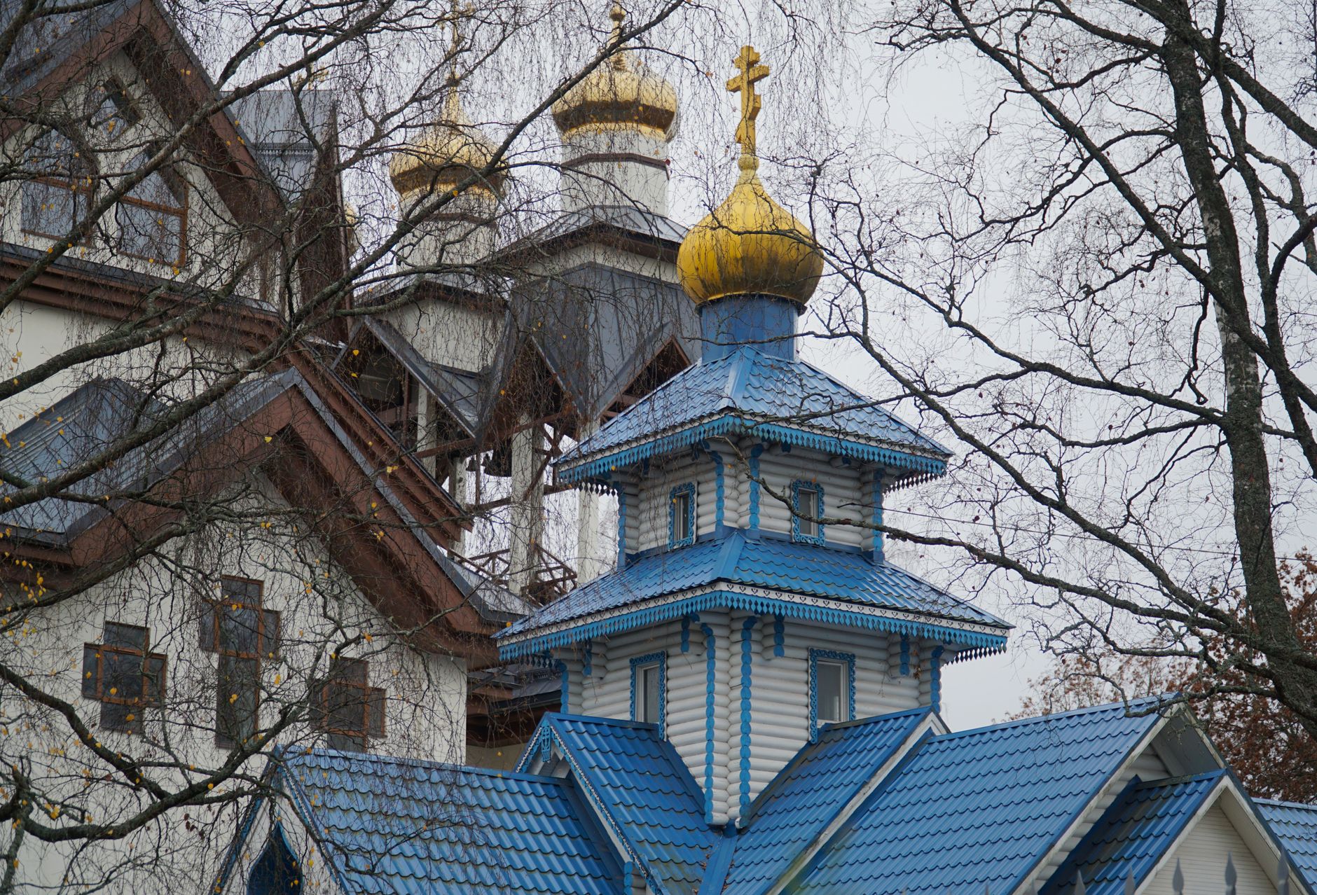 Beautiful view of an Orthodox church with blue roofs in Saint Petersburg, Russia.