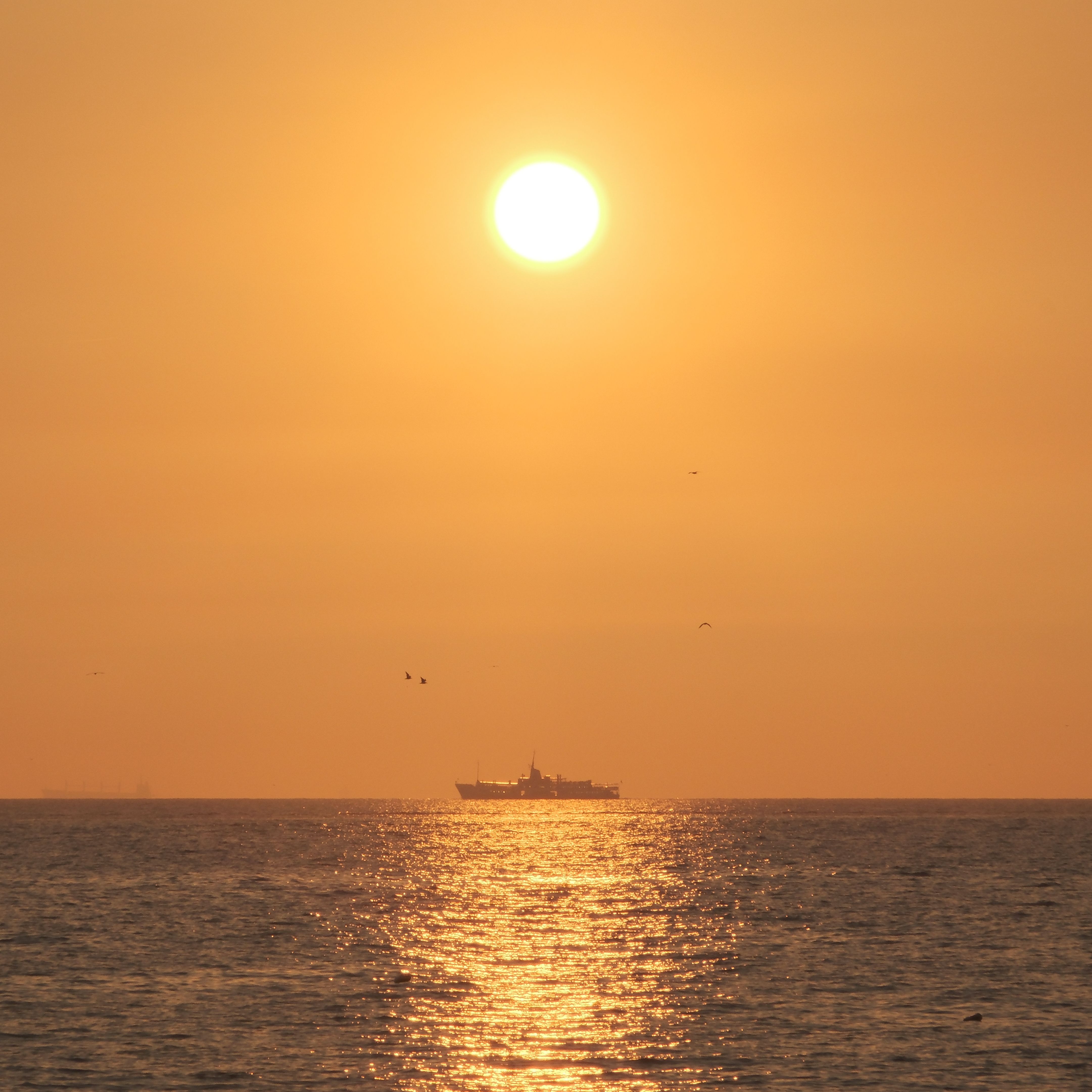A serene golden sunset over the sea with a distant ship silhouette reflecting on the water.