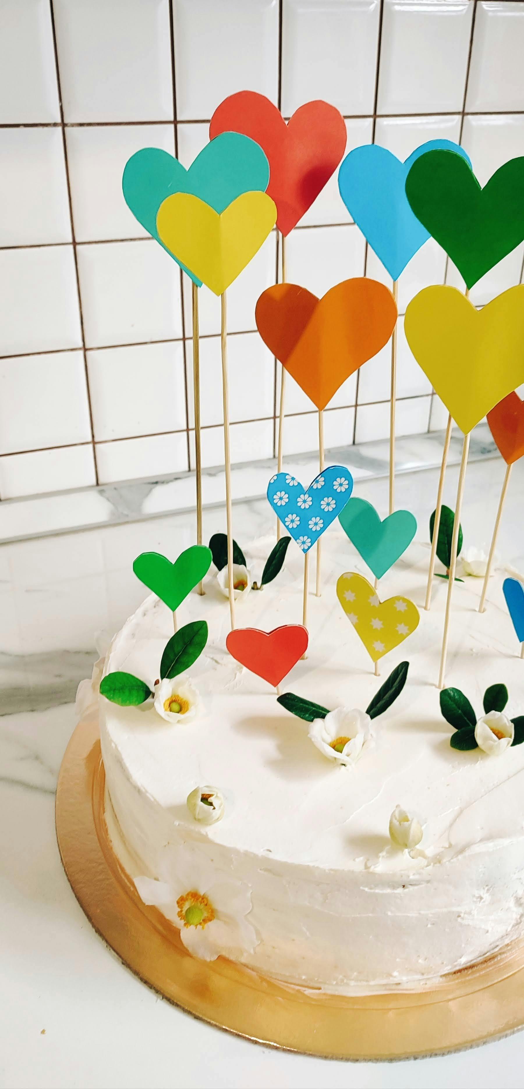 birthday cake with colorful hearts