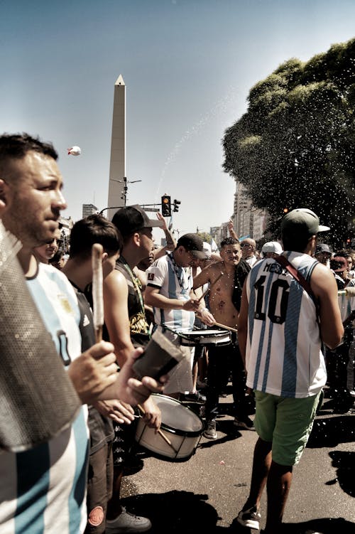 Photo of a Crowd with Drums Celebrating in the Streets of Argentina