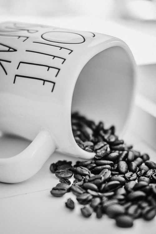 Free Artistic monochrome image of coffee beans spilling from a white mug, creating a stylish composition. Stock Photo