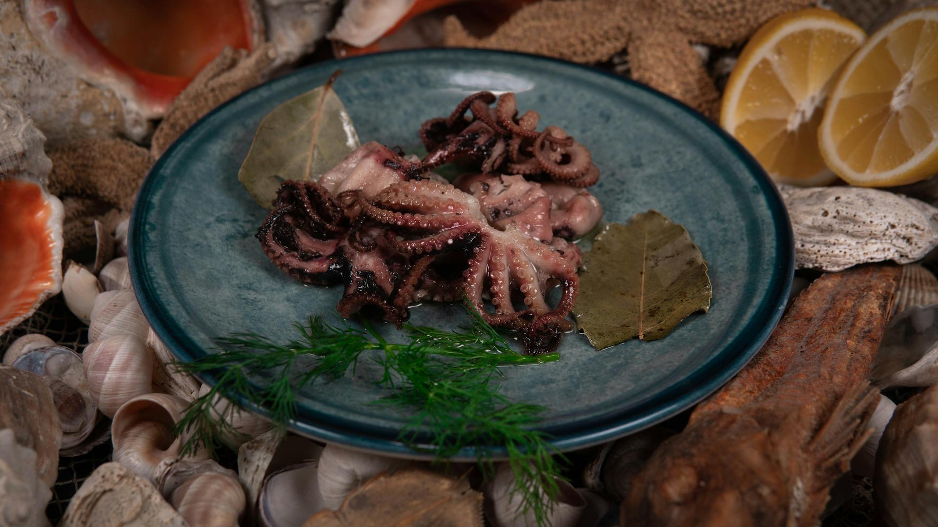 Delicious octopus served with bay leaves and lemon. A gourmet seafood experience in İzmit, Turkey.