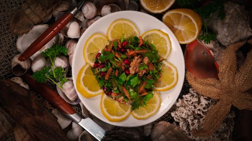 Free Top view of vibrant lemon and pomegranate salad surrounded by seashells, perfect for a refreshing meal. Stock Photo