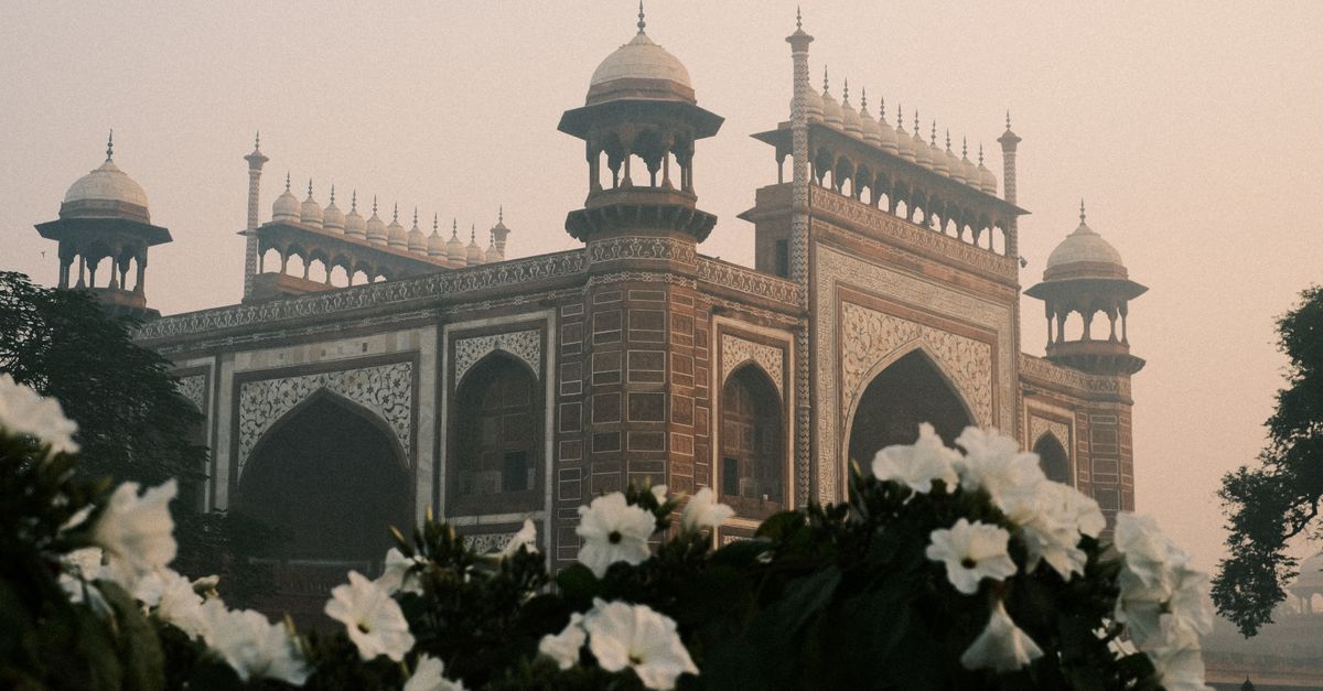 The gateway to the Taj Mahal at Agra, framed by white blossom
