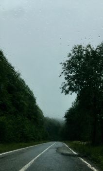 A deserted highway road on a rainy day with overcast skies, lined by green trees.