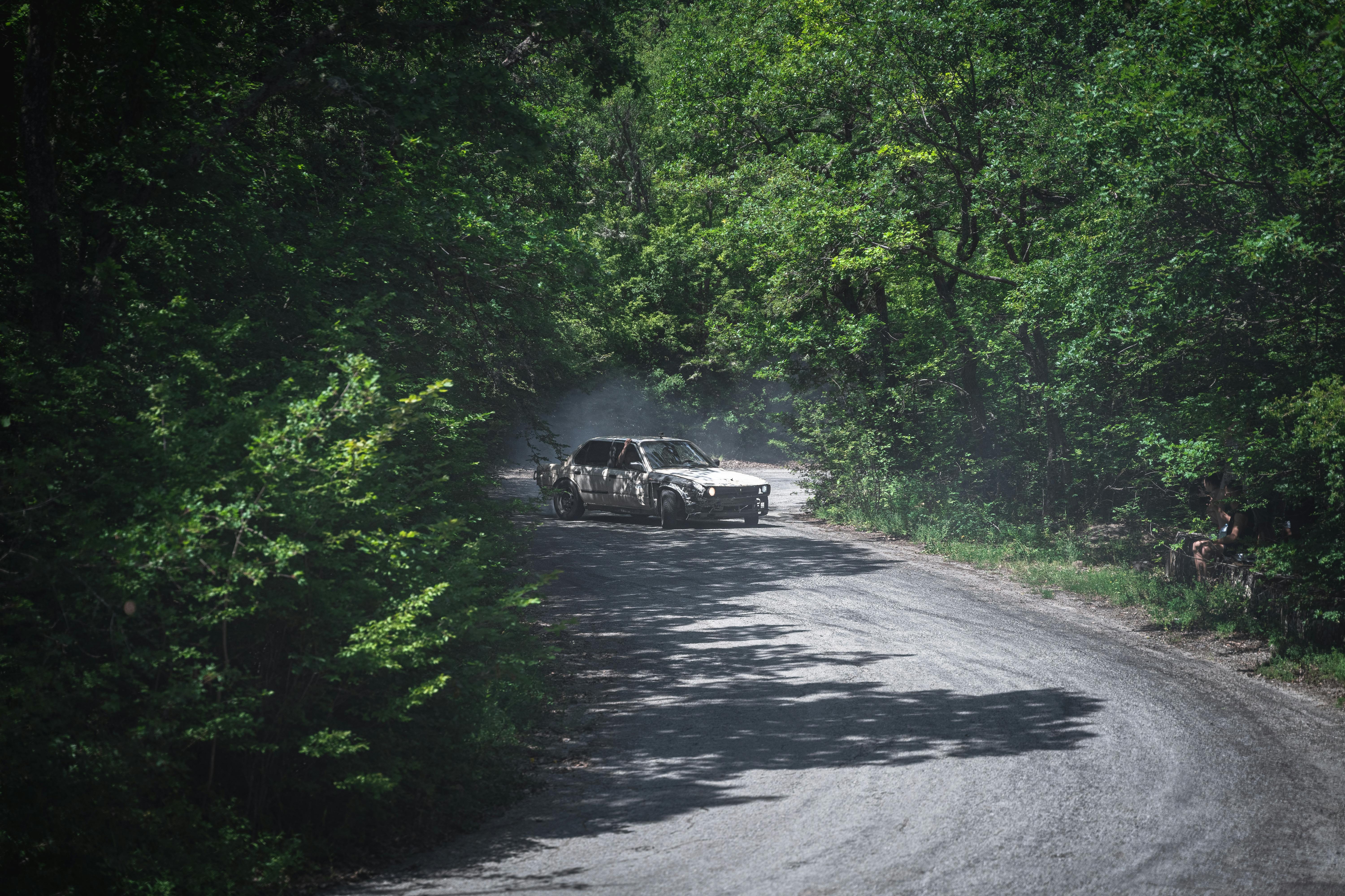 Race Car Drifting on Road through Forest · Free Stock Photo