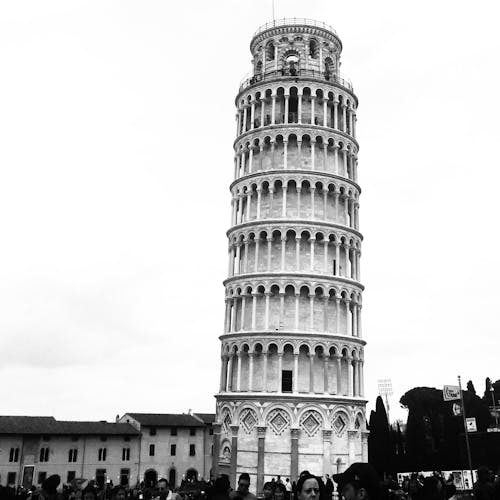 Grayscale Photo of the Leaning Tower of Pisa
