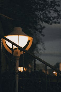 A vintage lamppost illuminating the dark surroundings during twilight.